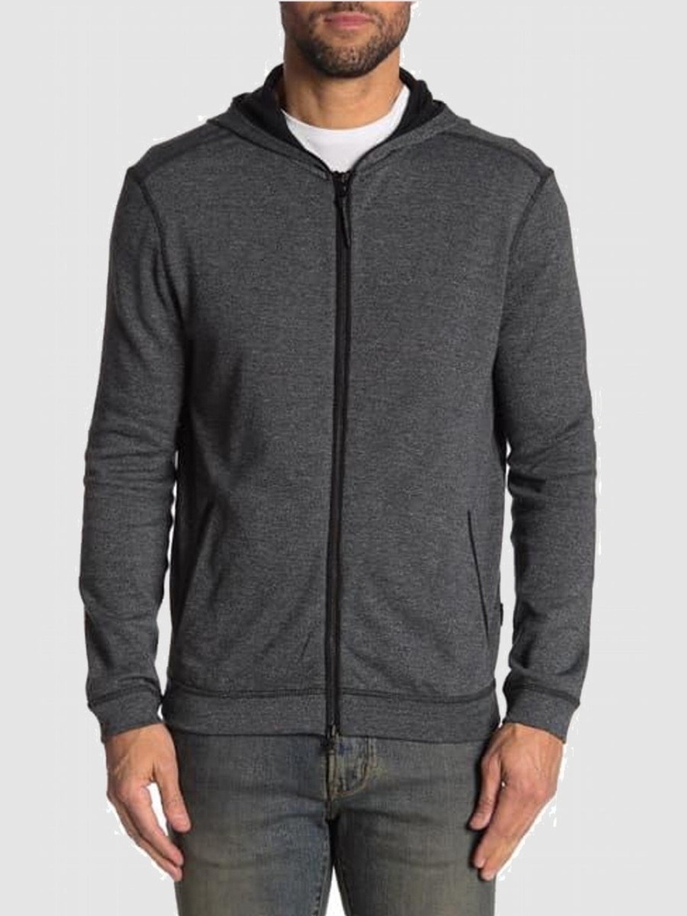 John Varvatos Textured Full-Zip Knit Hoodie Sweatshirt Charcoal Grey Heather L